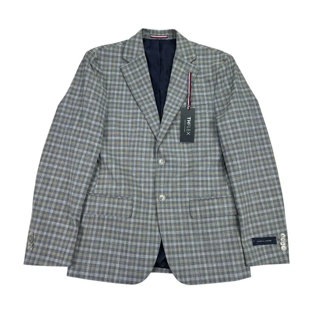 Tommy Hilfiger Mens TH Flex Conrad Modern Fit Plaid Sport Coat Blue Tan 36S